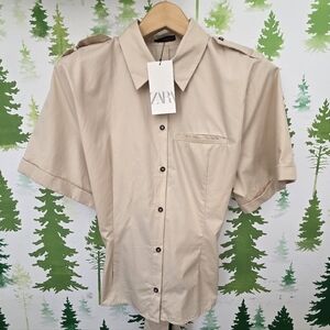 Zara Beige Short Sleeve Belted Shirt